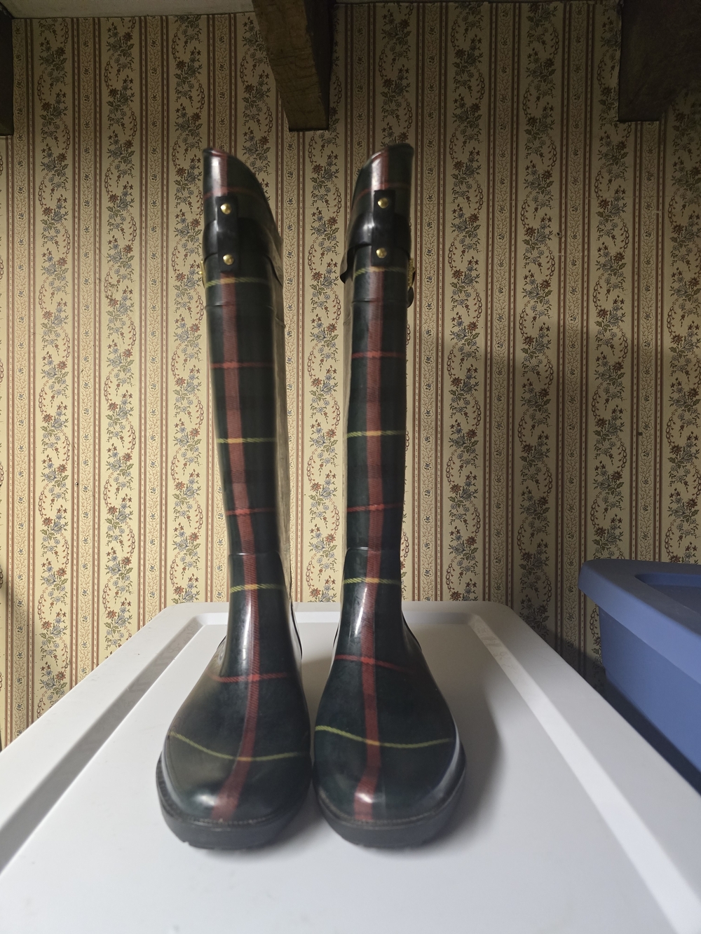 Lauren Ralph Lauren Black Plaid Tall Rain Boots with Buckle - Picture 2 of 5